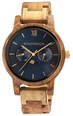 WoodWatch Sailor-40MM-Houten band-Analoog-Dag/Datum aanduiding-Blauwe wijzerplaat-Extra Schakels.