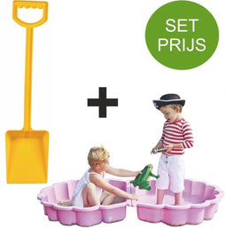 Zandbak schelp roze met plastic schep 50 cm lang geel