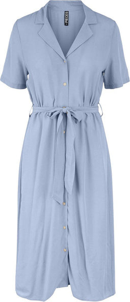 Pieces PCOLIVIA SS DRESS NOOS - Dames Jurk - Knoopjes en riem - Lichtblauw - Maat XL