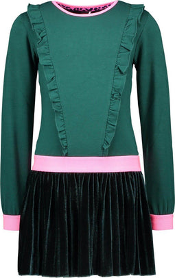 B.Nosy Jurk - Plissé glitter velvet - Botanical green - Maat 128