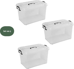 BRASQ Opbergbox 28 Liter - Set van 3 - Plastic Opbergbox - Transparant - Opbergbak - Opbergdoos met deksel - Met Wieltjes