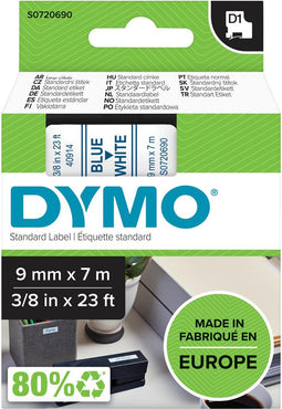 DYMO D1 - Labeltape - 9 mm x 7 m - Blauwe Tekst op Wit (1 stuk)
