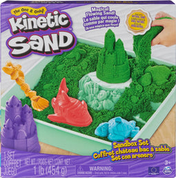Kinetic Sand - Zandbak-set met 454 g groen origineel kinetisch zand opbergzandbak 4 vormen en gereedschap - Sensorisch speelgoed
