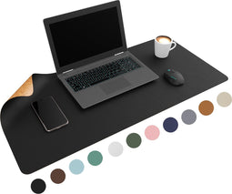 WURK Dubbelzijdige Bureau Onderlegger Kunstleer en Kurk - Bureau Organizer – Bureaumat – Bureau Accessoires – Muismat XXL – Inclusief Kabel Clip - Zwart Kurk - 90x45