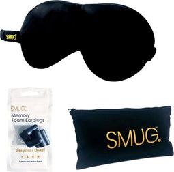 SMUG Slaapmasker met Zwarte Oordopjes en Opbergzakje - 100% Verduisterend - Verstelbaar Oogmasker in Satijn - Zwart