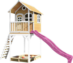 AXI Romy Speelhuis in Bruin/Wit - Met Verdieping, Paarse Glijbaan en Zandbak - Speelhuisje voor de tuin / buiten - FSC hout - Speeltoestel voor kinderen