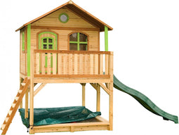 AXI Marc Speelhuis in Bruin/Groen - Met Verdieping, Zandbak en Groene Glijbaan - Speelhuisje voor de tuin / buiten - FSC hout - Speeltoestel voor kinderen