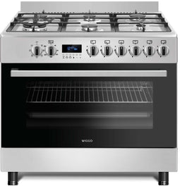 Wiggo WO-E969R - Vrijstaand gasfornuis - 90 cm - 6 kookzones met dubbele wokbrander - 110L elektrische oven - Roestvrijstaal