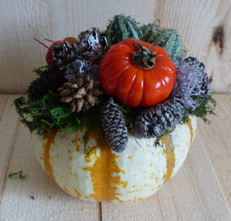 Herfst deco stukje gemaakt van sierkallebassen