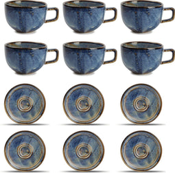 GLAMOMAX'S Choice - Blue Nova Kop en Schotel Set - 28cl - Porselein - 6 Persoons - 12 Delige Cappuccinoset - 6+6 Cappuccinokop&Schotel - Blauw - Vaatwasserbestendig