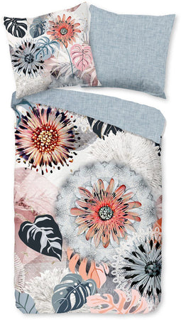 HIP Flanellen Dekbedovertrek - 200x200 cm - Bloemen en Bladeren Print - Grijs/Roze (2 stuks)