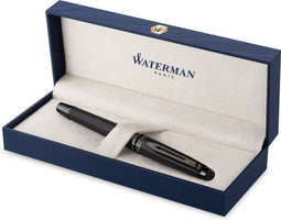 Waterman Expert-vulpen | Metallic zwarte lak met ruthenium rand | Medium PVD-gecoate | roestvrijstalen penpunt | Blauwe inkt | Met cadeauverpakking