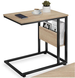 tectake® Wigan - C-Vormige Bijzettafel - Stevig MDF met Zwart Stalen Frame - Licht Sonoma Eiken - 55x36,5x60 cm