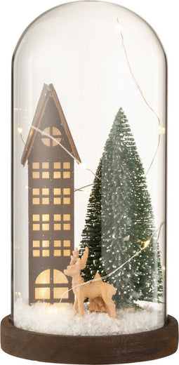 J-Line decoratie Stolp Huis Kerst - glas/hout - bruin/groen - large - LED lichtjes