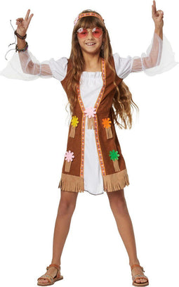 Dressforfun Groovy Hippie Squaw - Meisjeskostuum - Korte jurk met suèdelook vest en franjes - Multicolor