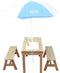 AXI Dennis Zand & Water Picknicktafel met Speelkeuken, Wastafel en losse bankjes in Bruin - Met Parasol in Blauw/Wit - Incl. 17-delige accessoire-set