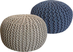 SVJ Poefs Rond - 55 x 55 x 37 cm - Katoen - Beige/Blauw - Set van 2