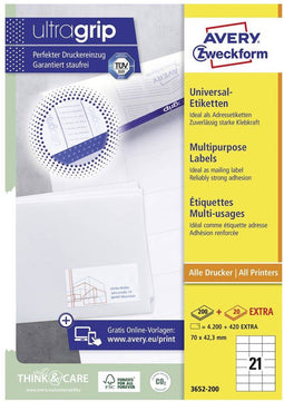 Avery Zweckform 3652-200 - Universele etiketten 70 x 42.3 mm - 4620 stuks - Wit