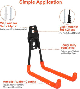 12-delige set muurhaken garage, heavy-duty garagehaken, dubbele haken garage-opslaghaken voor het organiseren van ladder, stoel, slang, fietsen, elektrisch gereedschap omvangrijk (oranje)