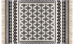 Katoenen Tapijt Met Delhi Motief - Tapijt Met Patronen - Traditioneel - Elegant - Cadeau - Woondecoratie - Huishoudtextiel - Vloerkleed - Vloerkleed Met Kwastjes Aan Beide Zijden - Tapijt - Katoen - Zwart-Witte Kleur - 120x170 Cm