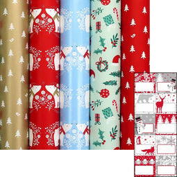 Benza COSY COTTAGE - kerstpapier assortiment cadeaupapier - 5 rollen 2 meter x 70 cm - inclusief labels