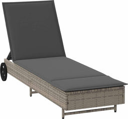 vidaXL - Ligbed - met - wielen - en - kussen - poly - rattan - grijs