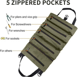 Super Roll Tool Pouch Bags Organizer, Tool Pouch Sling Bag met 5 zakken met ritssluiting, Heavy Duty Canvas Schroevendraaier Spanner Piler Roll Bag voor elektricien, HVAC, loodgieter, timmerman of monteur