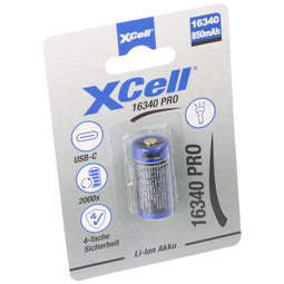 XCell Pro 16340 Li-Ion battery CR123A protected Li-Ion battery, with USB-C charging socket, min. 800