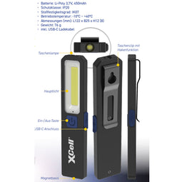 XCell Worklight SLIM, work light with up to 200 lumens, magnet, 3 light levels, USB-C charging port