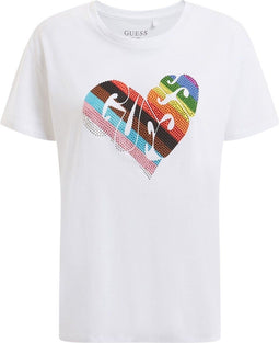 Guess Ss Rainbow Street Tee - Dames T-Shirt - Regenboog hartje - Wit