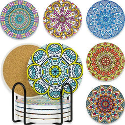 Loti Living Onderzetters - Set van 6 - Mandala design - Keramiek en kurk