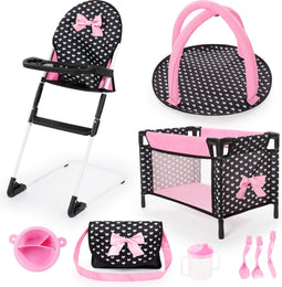 Bayer Design - Reisset 9 in 1 - Poppenstoel met dienblad en reisbedje - Zwart/Wit/Roze