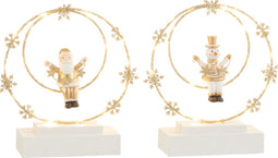 J-Line Cirkel Op Voet+Led Kerstman/Sneeuwman Hout Wit/Goud Assortiment Van 2
