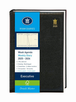 Ryam | Bureau agenda | Executive Crème 6-Talig Mundior | 2025/2026 | Genaaid gebonden | A5 | 18 mnd | Zwart |