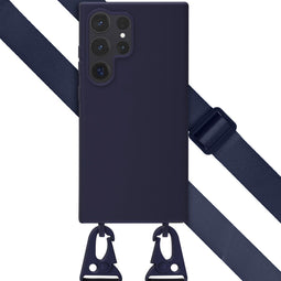 Selencia Hoesje Geschikt voor Samsung Galaxy S24 Ultra Hoesje Met Koord - Selencia Siliconen hoesje met afneembaar koord - Donkerblauw