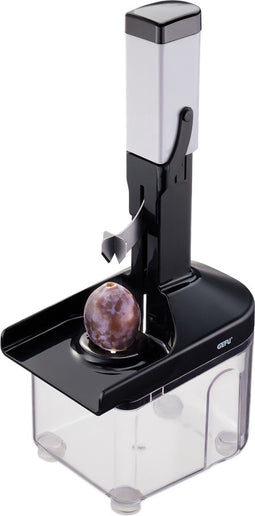 Ontpitter voor pruimen en abrikozen, Inclusief 2 inzetstukken en opvangbak, Hoogwaardig messenstaal, 33 cm - GEFU | CORER