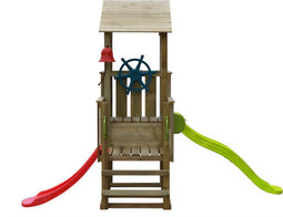 Houten speeltoren piraat incl 2 glijbanen - Prestige Garden lange kant lime groen - korte rood