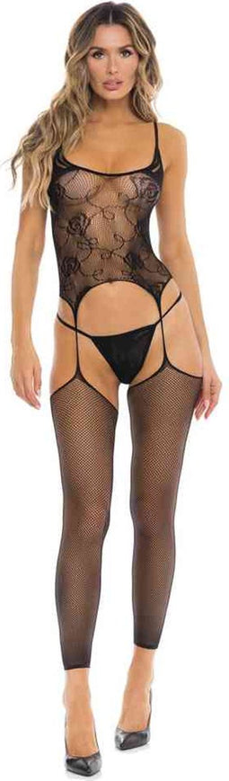 Rene Rofe Lingerie Bodystocking On All Night 2Pc Set Zwart