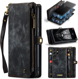Caseme - Geschikt voor Samsung Galaxy S23 Ultra - Vintage 2 in 1 portemonnee hoes - Zwart