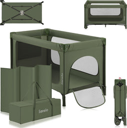 Lionelo Jasmin Easy Fold Reisbedje - Opvouwbaar in seconden - 2 Hoogtes Matras T25 - Zijdeur met Rits - Groene