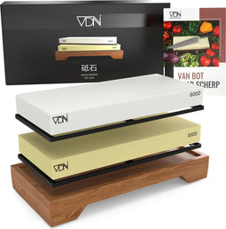 XL Wetsteen set 1000 6000 met E-Book - Slijpsteen Messen - Acaciahouder Anti-Slip - Groot Oppervlak Slijpen - 23x10x2.5 CM - Messenslijper - VDN