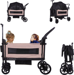 Cabino Waggie Bolderkar Opvouwbaar - 2 Zitjes - Inclusief Duwstang Trekbeugel Drinkbeker - Max. 44 kg - Zwart/Taupe