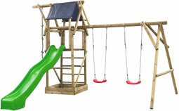 Houten Speeltoestel Niels (SwingKing) | Speeltoren met Glijbaan en Dubbele Schommel voor Buiten in de Tuin | FSC Hout - Glijbaan Appelgroen
