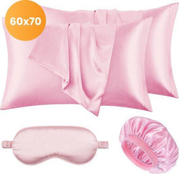 Satijnen kussensloop set - 60x70 cm - 2 bonnets en slaapmasker - Roze