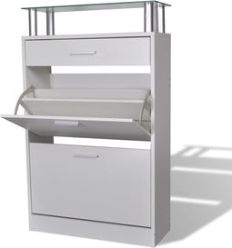 vidaXL - Schoenenkast - met - lade - en - glazen - schap - wit - hout