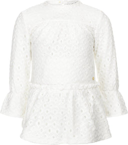 Koko Noko T-GIRLS - Meisjes Jurk - Broderie met Ruches - Gebroken Wit - Maat 116