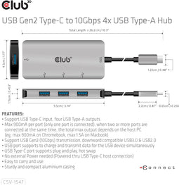 Club 3D CLUB3D - USB Gen2 Type-C naar 4x USB Type-A Hub - 10Gbps - Aluminium