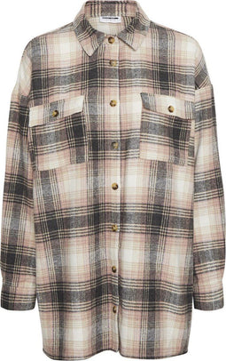 NOISY MAY NMFLANNY L/S LONG SHACKET - Oversized flanel blouse - Wit en roze print - Maat XS