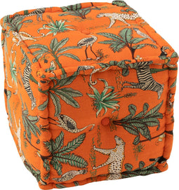 J-Line Poef Kubus Exotisch Dieren/Planten Katoen Oranje