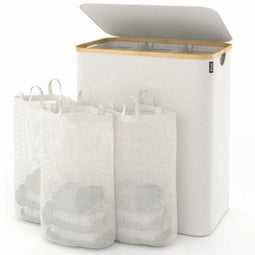 BOTC Wasmand 3 Vakken - Wassorteerder 160L - Bamboe Deksel - 75*57*37cm
